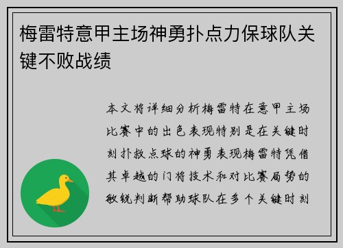 梅雷特意甲主场神勇扑点力保球队关键不败战绩